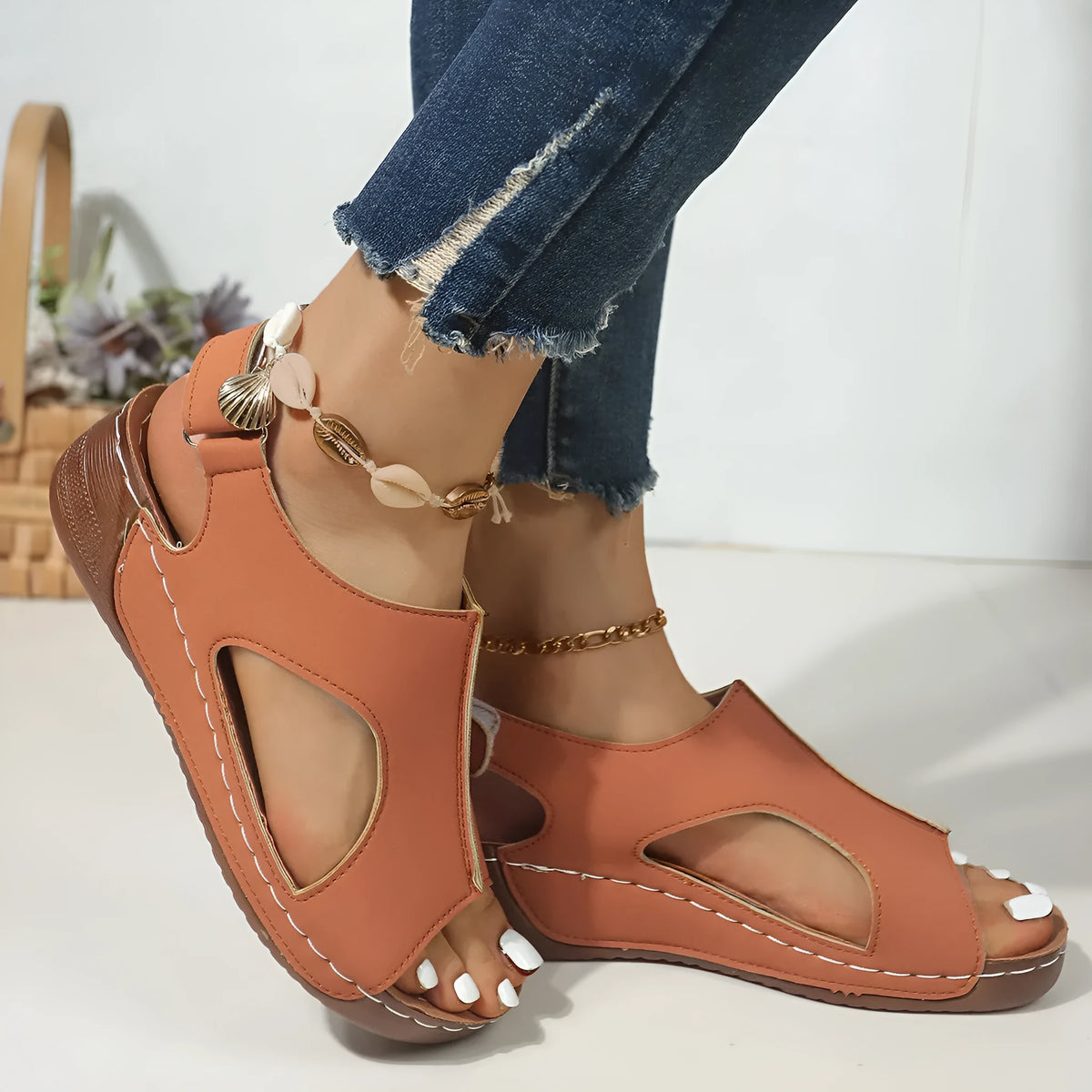 Women's plus size wedge sandals with Velcro fastening, PU upper, round toe, sizes 36-43