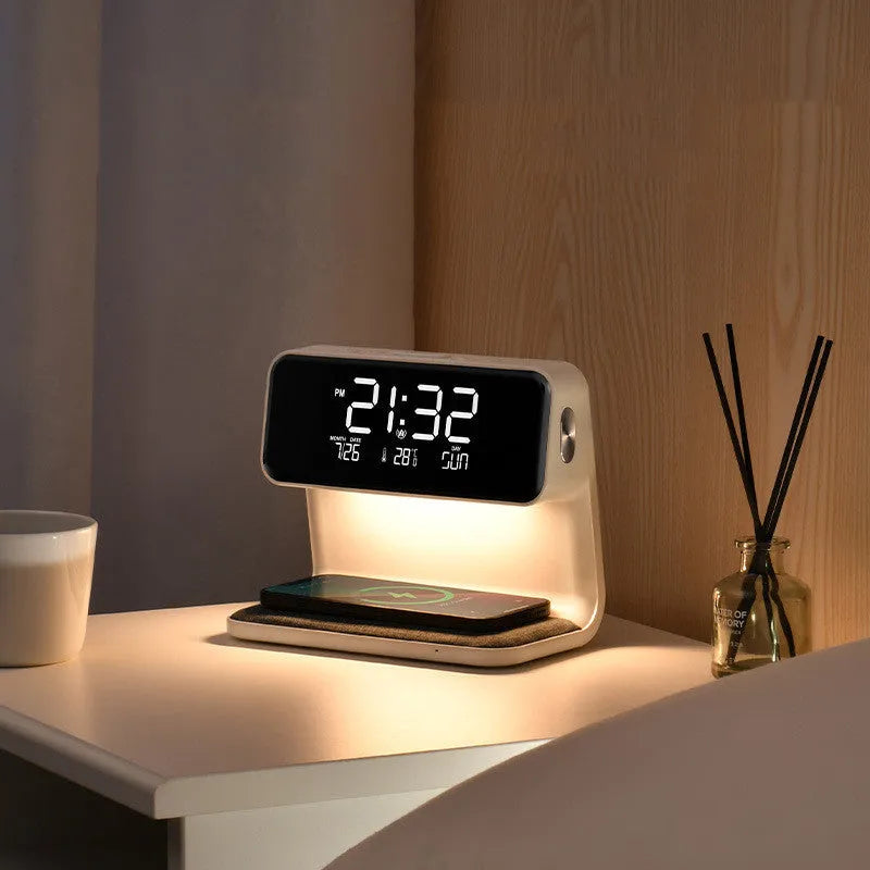 White 3-in-1 bedside lamp with wireless charging pad, LCD display, and ABS lampshade