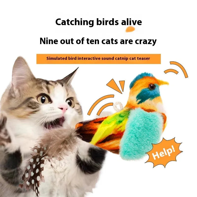 Bird simulation plush cat toy in colourful bird, sparrow, blue kingfisher and yellow bird colours from 2024 summer collection