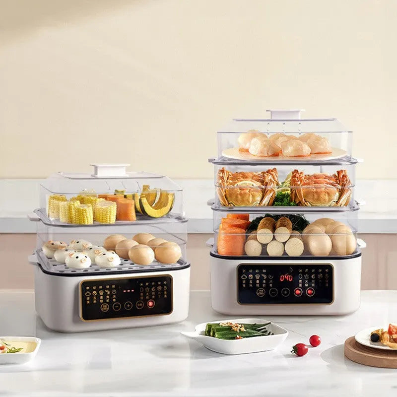 Stainless steel electric food steamer with digital display and steaming rack on a kitchen counter.