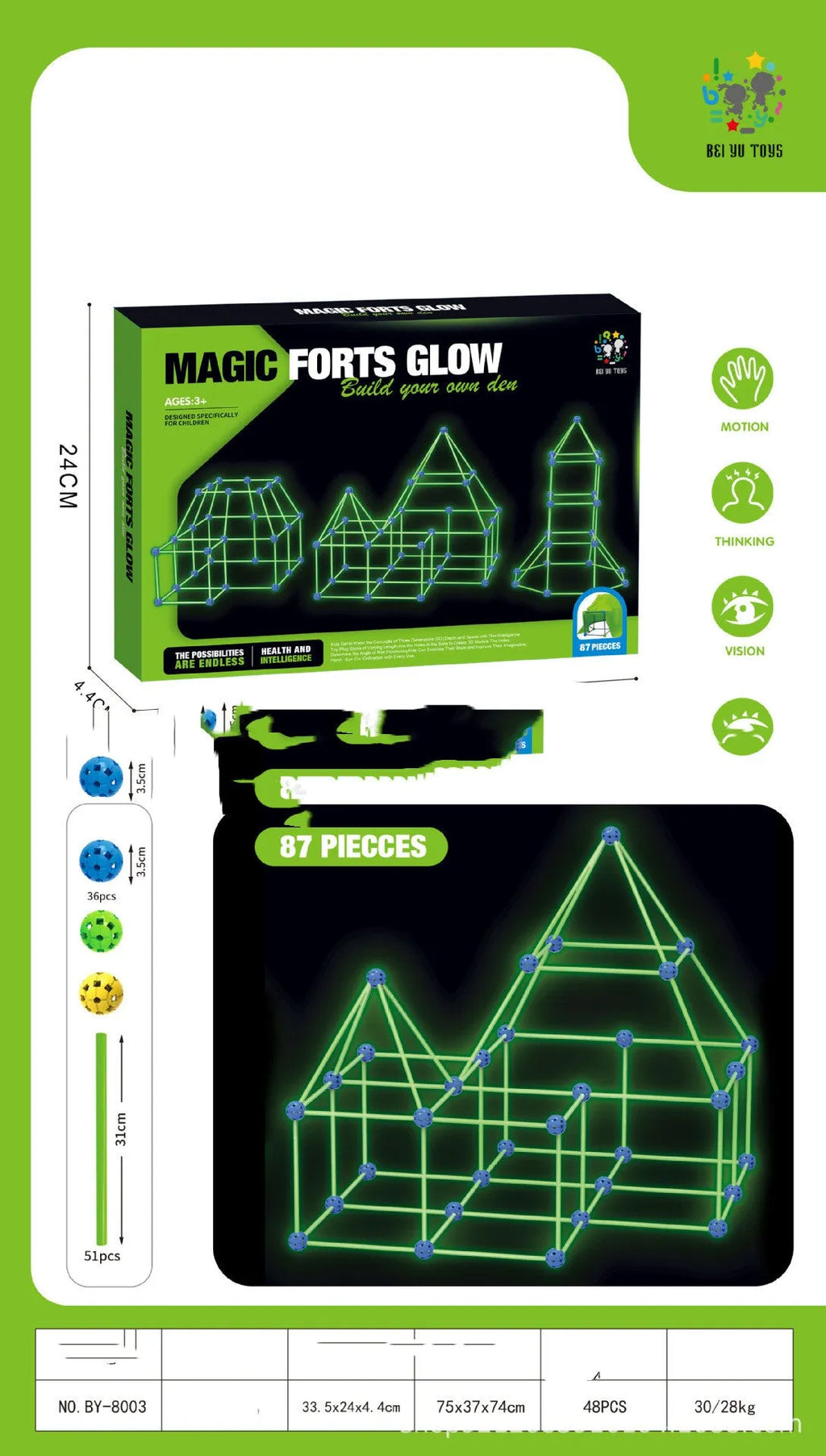 Luminous children's fort building kit with plastic rods, balls, and storage bag assembled into a play tent