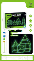 Luminous children's fort building kit with plastic rods, balls, and storage bag assembled into a play tent