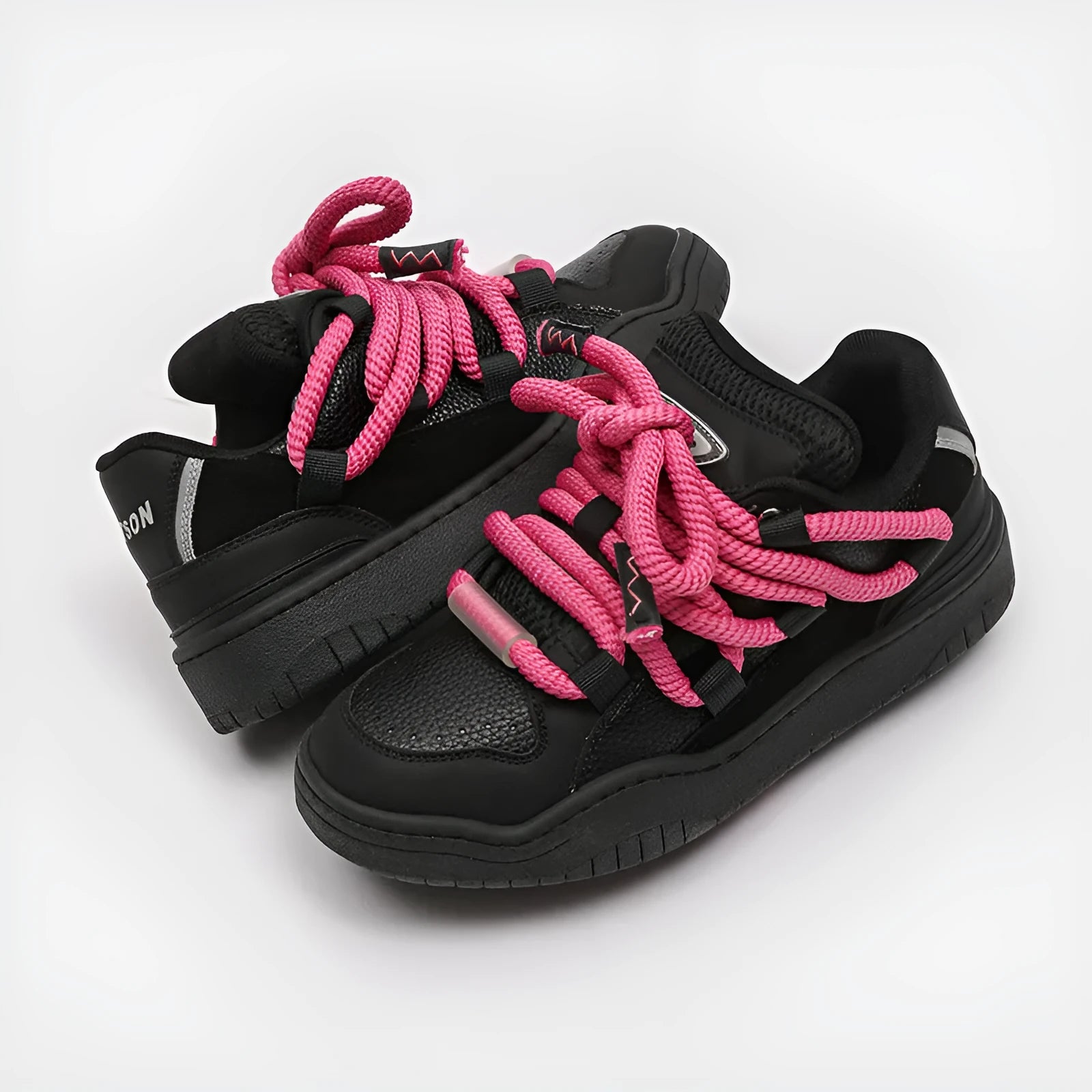 Casual lace-up trainers with thick rubber sole and mesh detailing in denim blue colour.