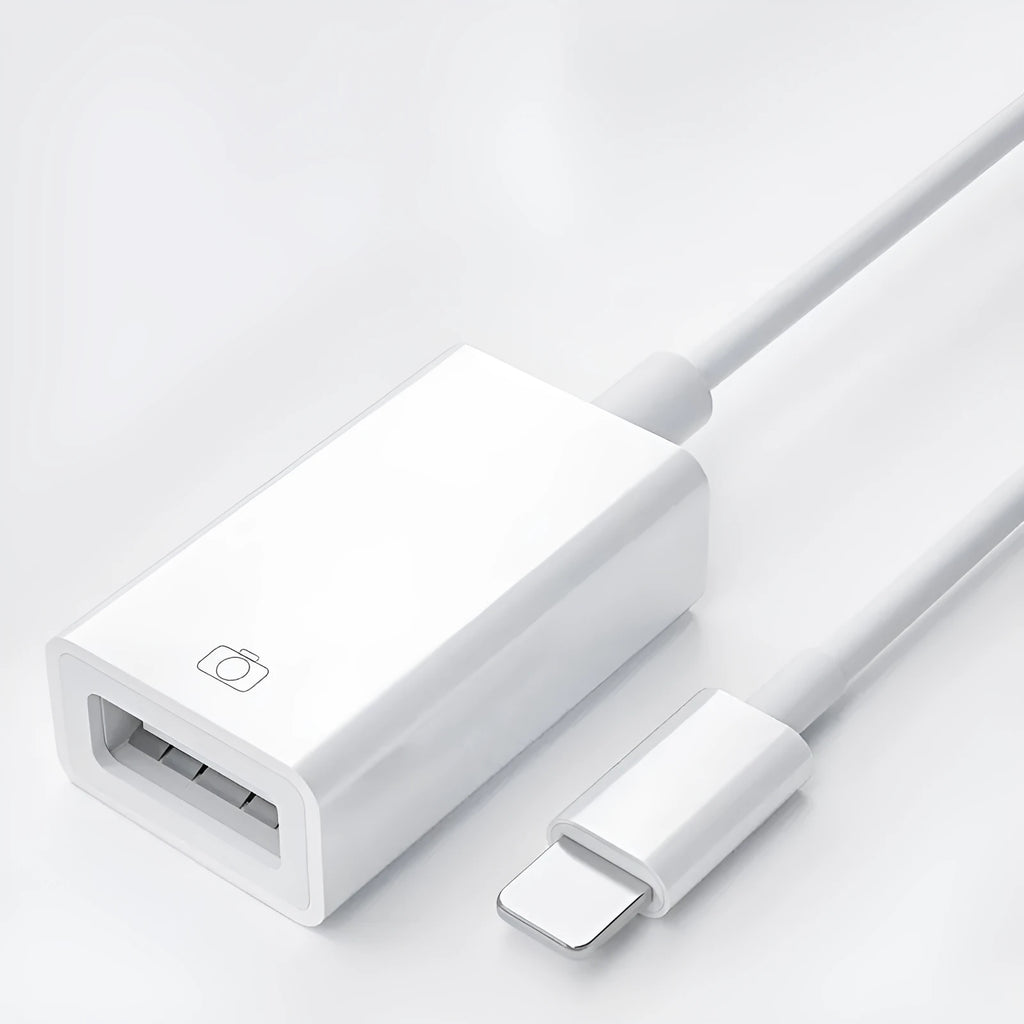 Apple OTG adapter cable in white plastic with Lightning connector and USB port