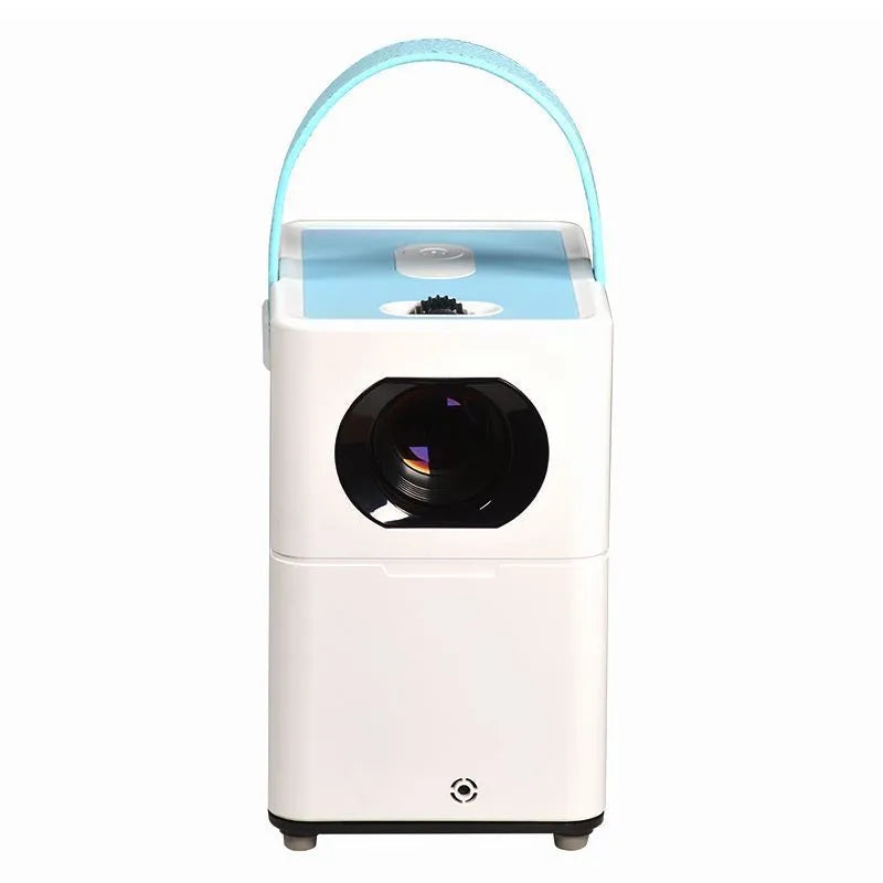 Smart HD home cinema projector with Android operating system and remote control on a table