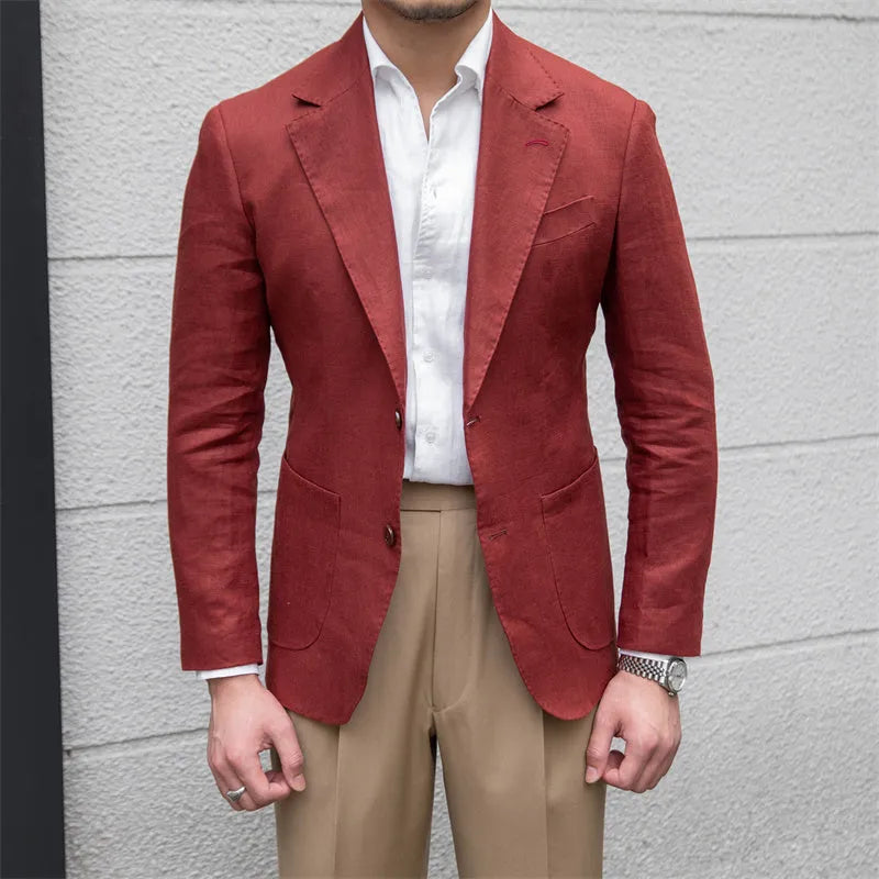 Pure linen men's slim fit double-breasted suit jacket in white or wine red, long sleeve, sizes M to 3XL