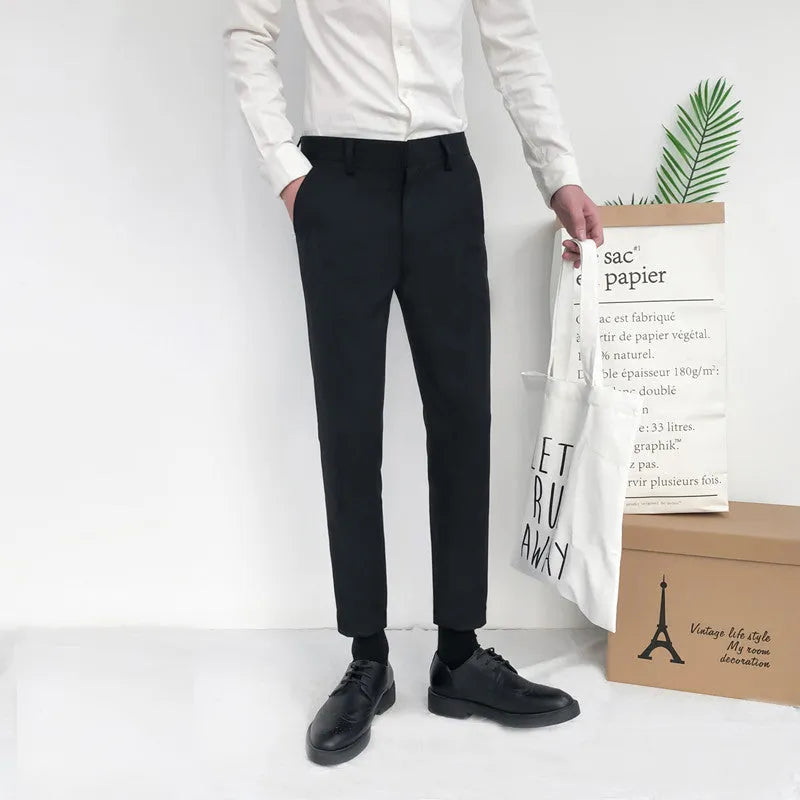 Men's straight-leg cotton trousers with drawstring waist in black, available in sizes 28-34