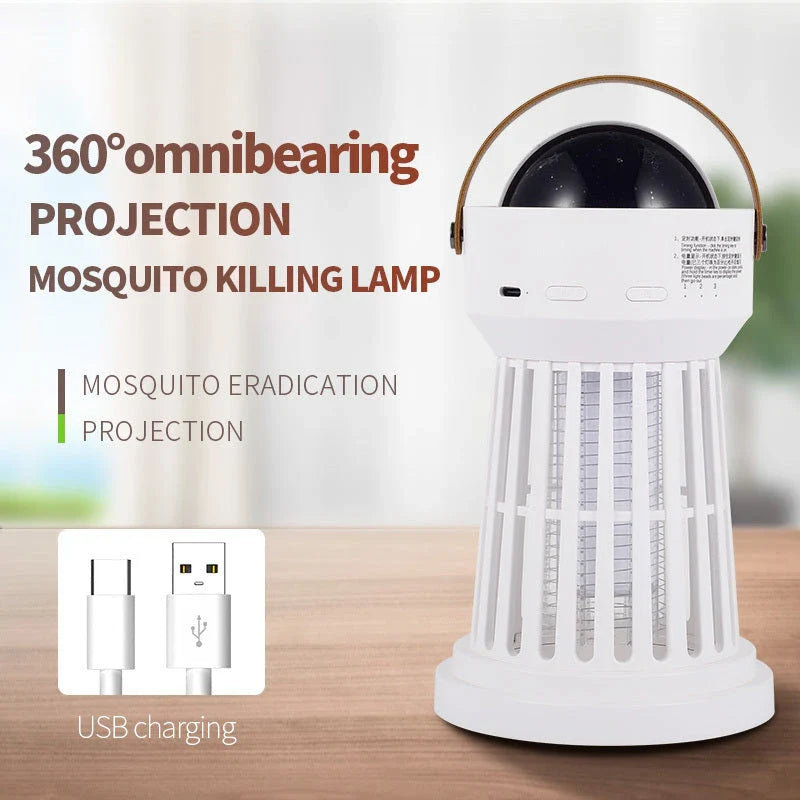 Dual-Function Mosquito Zapper and Star Projector Lamp with Rechargeable Battery and Folding Handle