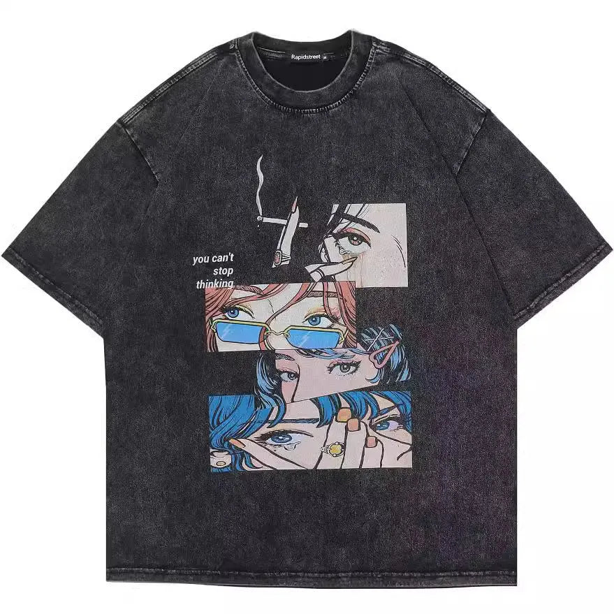 Men's black cotton t-shirt with cartoon digital printing, loose street style with short sleeves