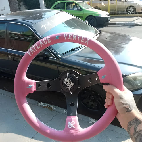 Pink leather steering wheel cover with lightning bolt embroidery and aluminium bracket, 13-inch diameter