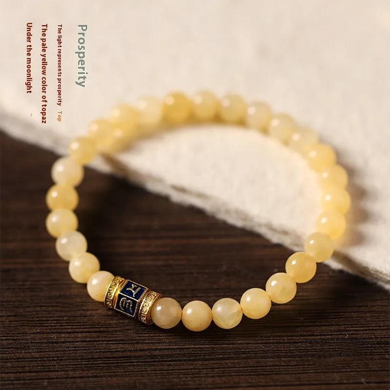 Women's hand-woven bracelet with topaz mantra barrel beads and square sugar jade beads