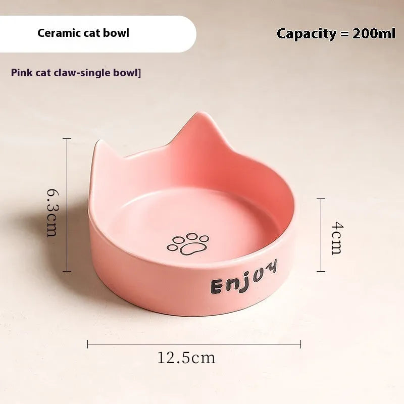 Porcelain cat bowl with cat ears rim and wooden anti-tumble frame in selected colour