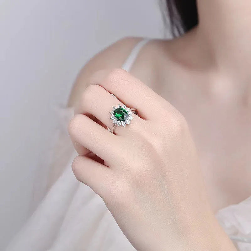 Women's moissanite blue flower-shaped ring with copper band and zirconium inlays