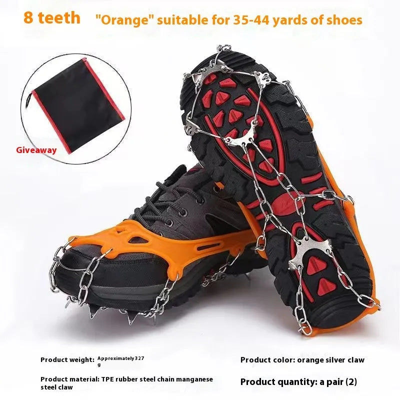 Stainless steel chain crampons for snow climbing and hiking, free size non-slip shoe cover with 8 or 10 steel teeth