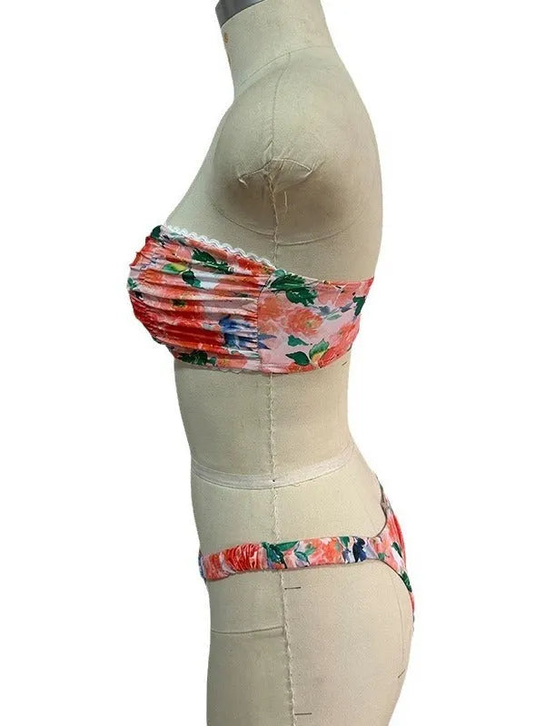 Women's lace print bikini set in blue, pink, yellow, or multicolour floral patterns, sizes S M L.