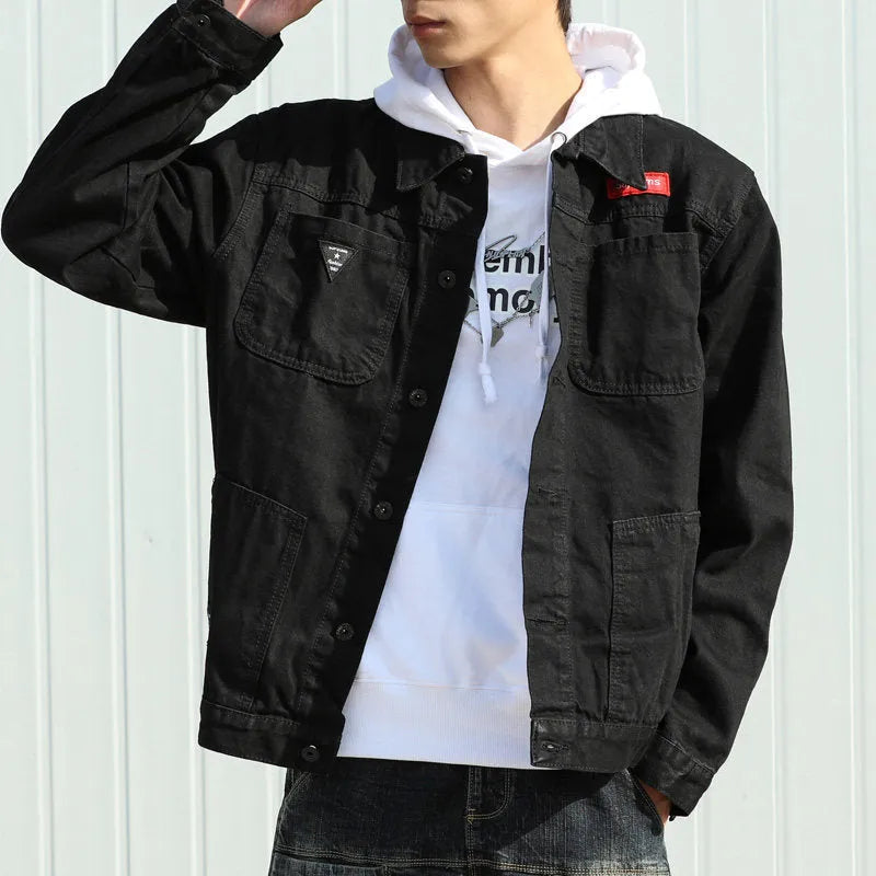 Korean style slim denim jacket with lapel collar, embroidery, and long sleeves in dark blue
