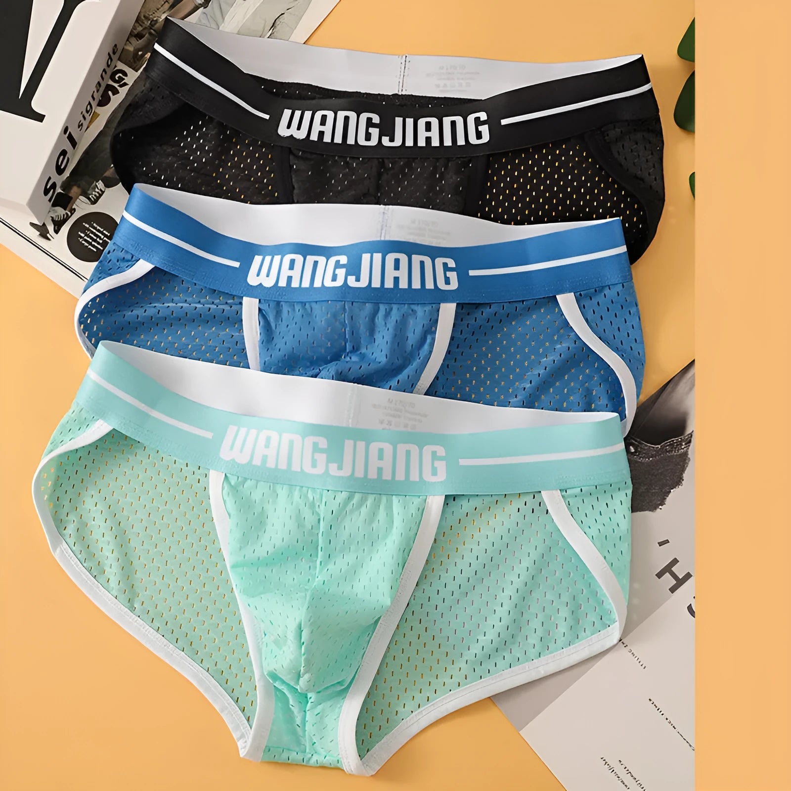 Men's black Ice Silk triangle briefs with mesh breathable fabric on a solid background.