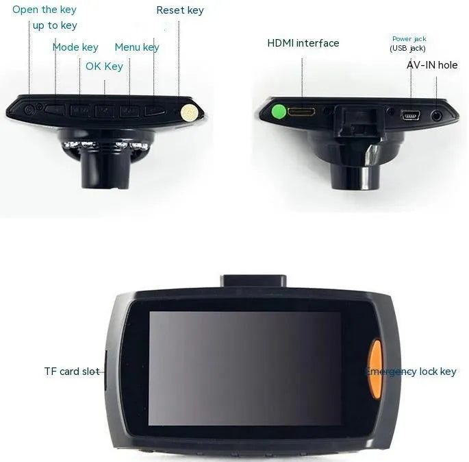Car DVR dual camera system mounted on windscreen showing front and rear recording capability