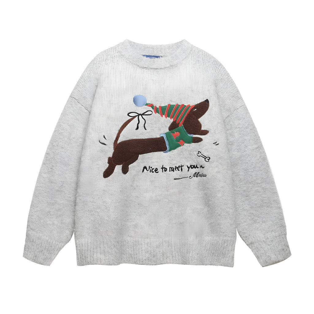 Gray loose-fit pullover sweater with American retro Christmas hat puppy embroidery for teenagers