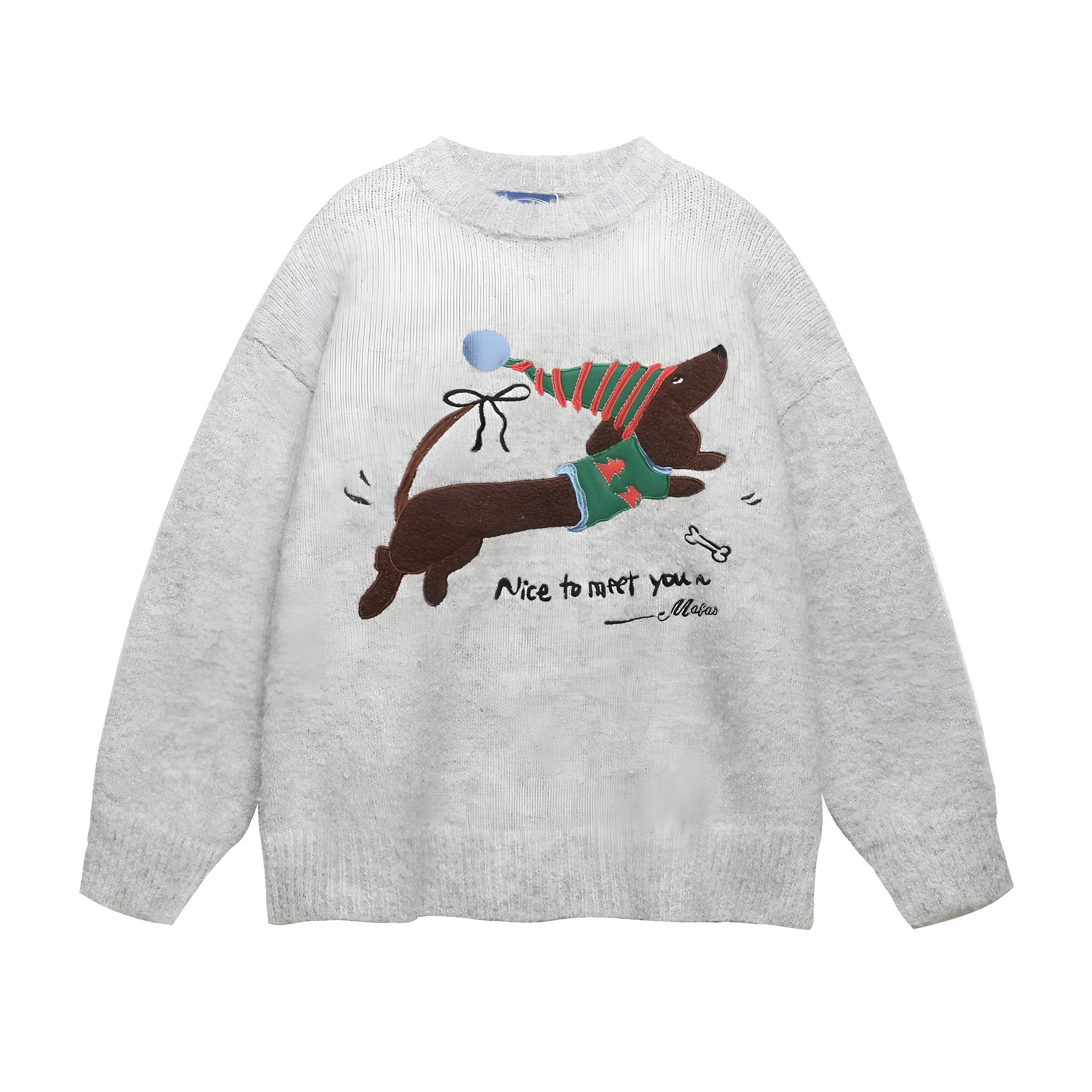Gray loose-fit pullover sweater with American retro Christmas hat puppy embroidery for teenagers
