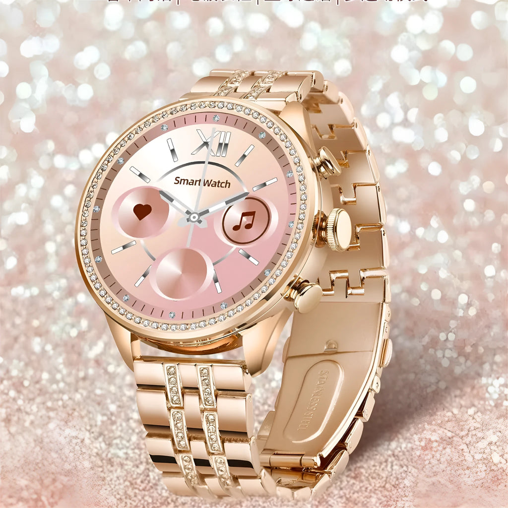 Gold smart watch with TFT screen featuring Bluetooth calling and health monitoring functions on a woman's wrist