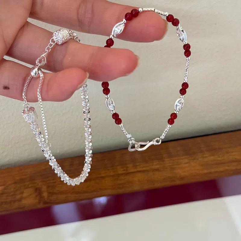 925 sterling silver bracelet with red agate carved round beads, geometric women's ins style, colour B6985 or B3050