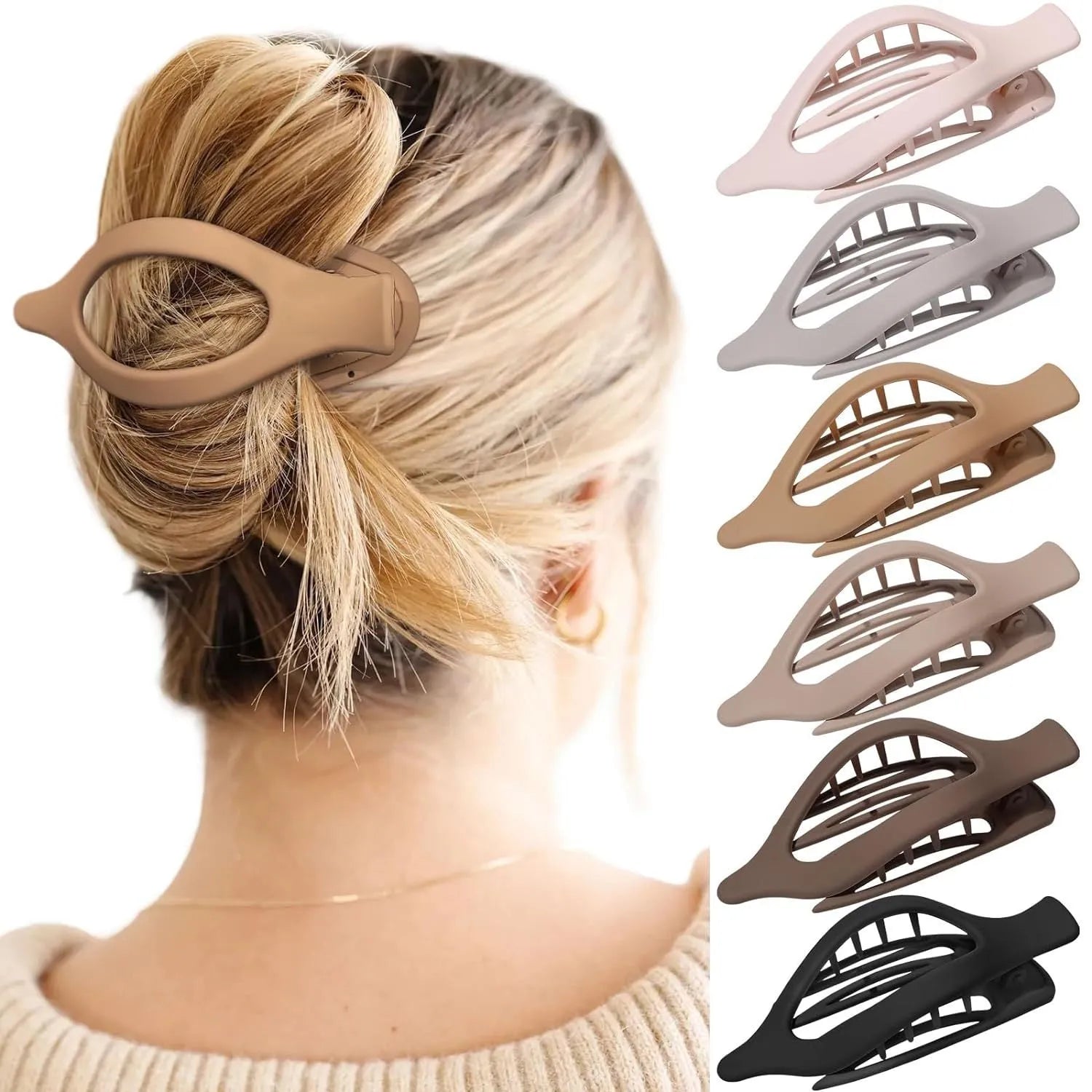 Six nude rose red plastic hair clips with quadrilateral shape and frosted grip surface