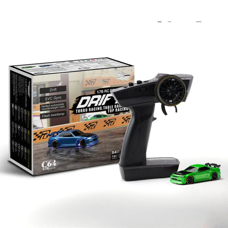 Turbo Racing C64 blue RC drift car with proportional remote control on racing track