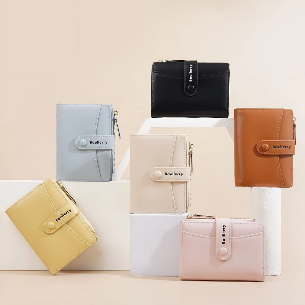Women's short wallet in PU leather, shown in one of six available colours: pink, black, yellow, blue, apricot, or brown.