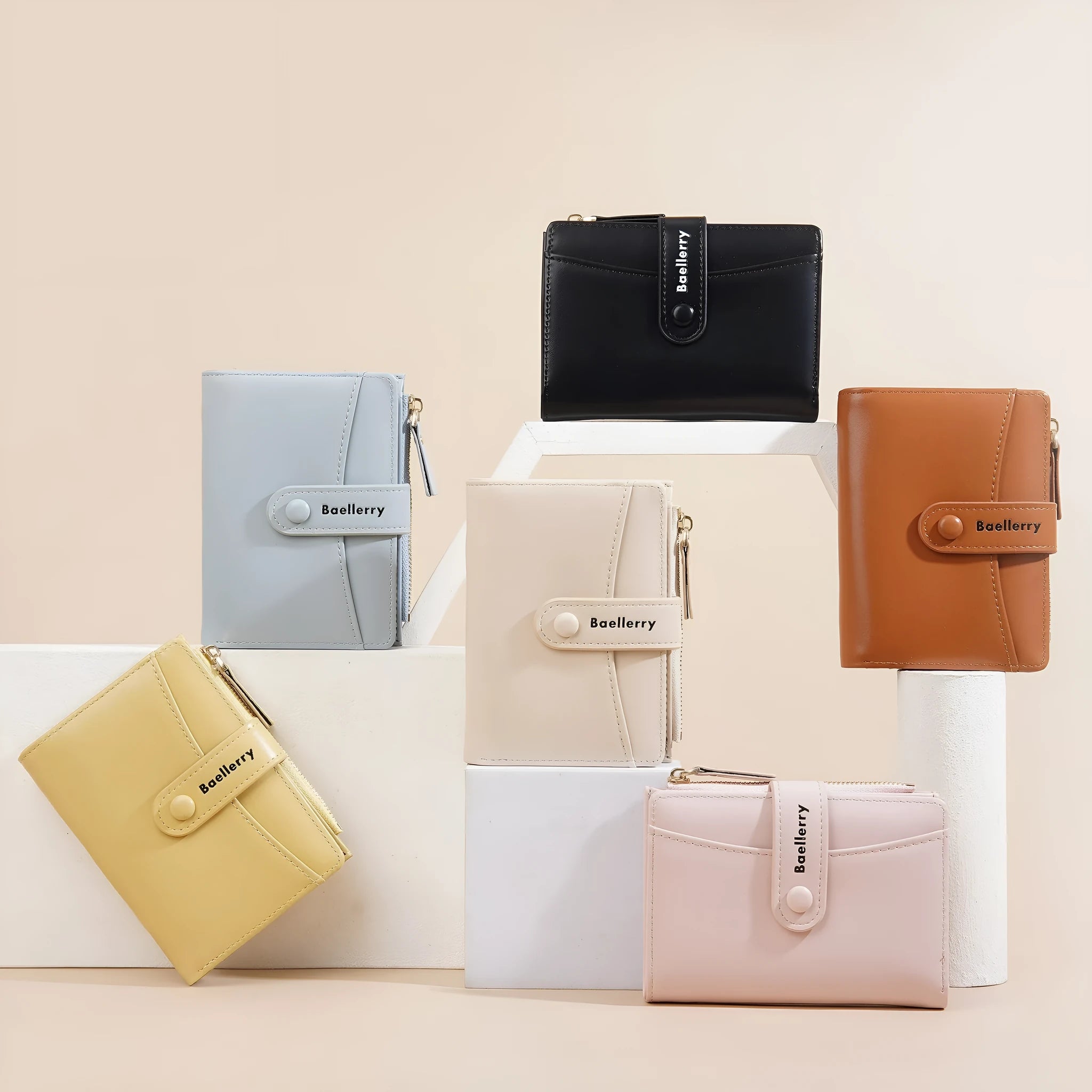 Women's short wallet in PU leather, shown in one of six available colours: pink, black, yellow, blue, apricot, or brown.