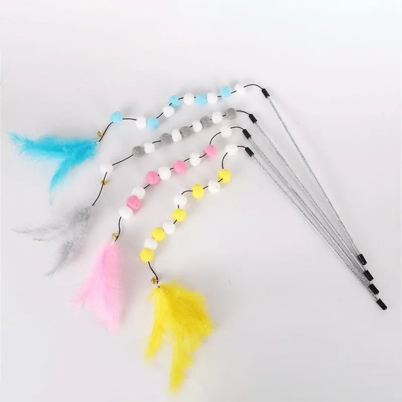 31cm long cat teaser rod with coloured acrylic pompons, feathers and bell attachment