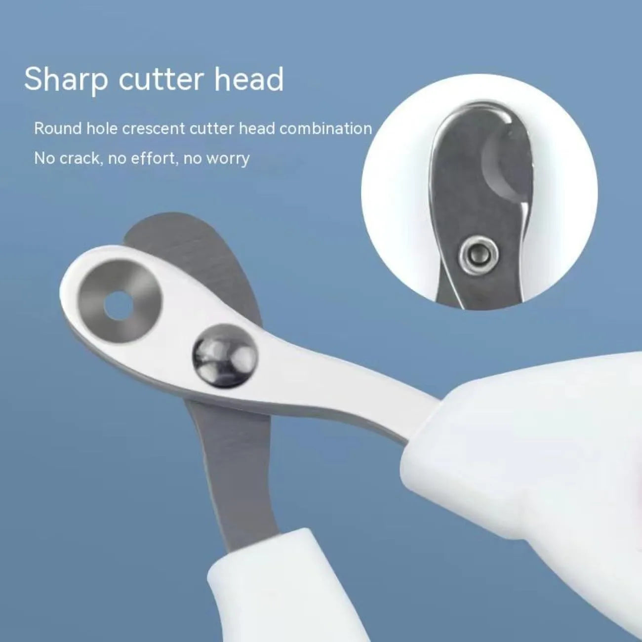 Blue cat nail clippers with circular cut hole and cushioned non-slip handles for safe pet grooming