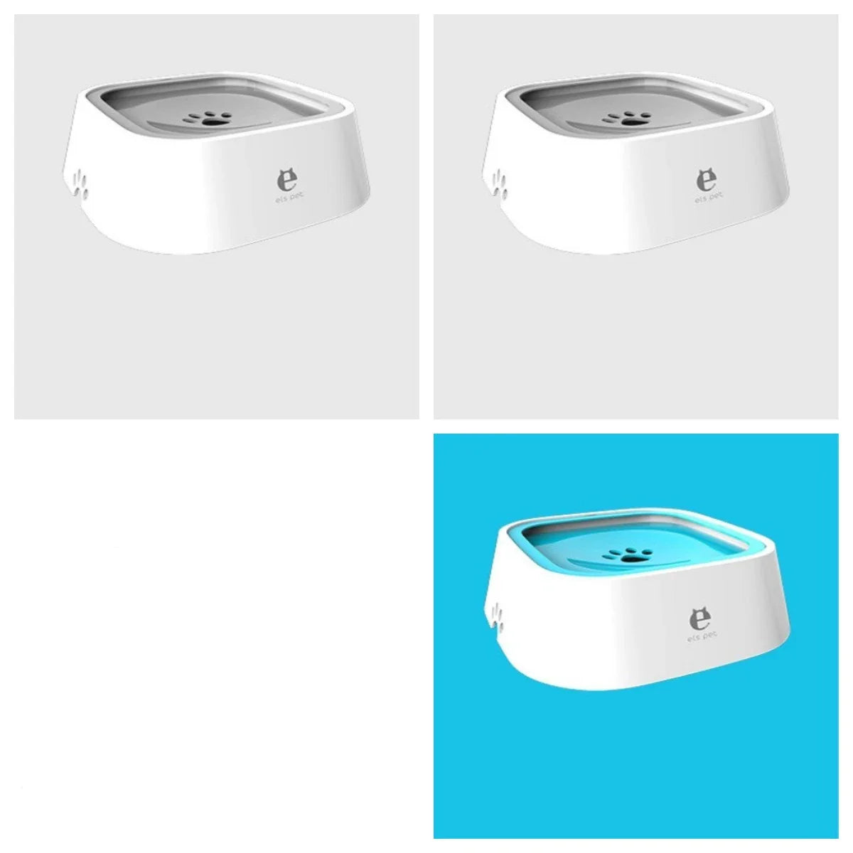 Spill-proof floating pet water bowl with slow feeder design, available in various colors and sizes