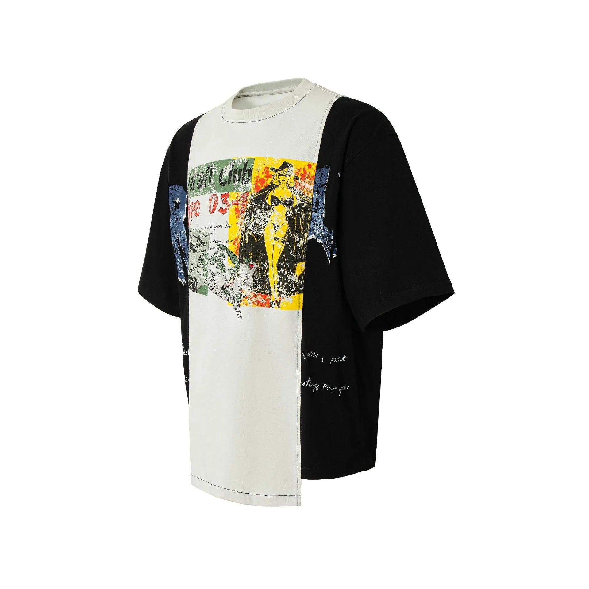 Men's black and white deconstruction print cotton blend t-shirt with short sleeves and loose fit.