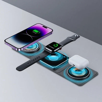 3-in-1 Magnetic Folding Wireless Charging Station for iPhone, Apple Watch, and AirPods with multi-protection technology and compact, folding design