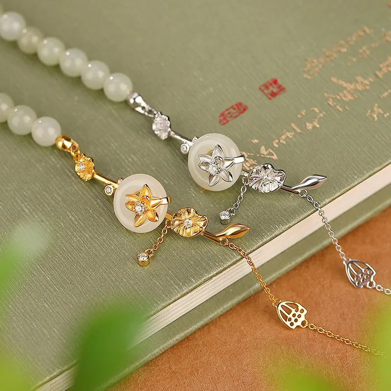 Women's antique silver bracelet with peace buckle clasp and inlaid Hetian jade lotus charm