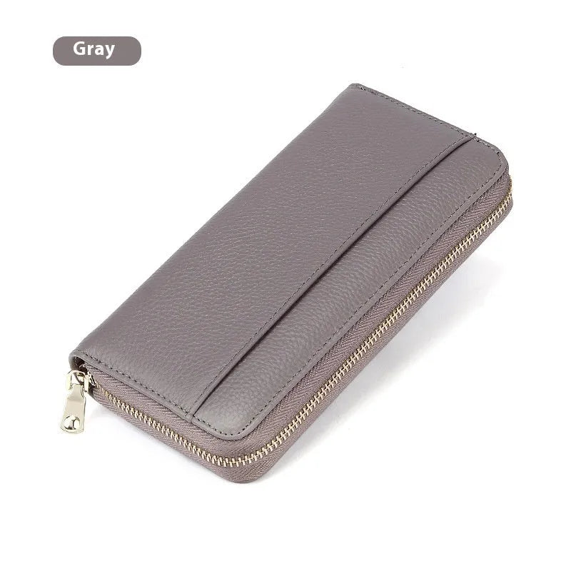 Women's genuine leather long wallet in multiple colours showing interior card slots and anti-theft protection