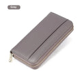 Women's genuine leather long wallet in multiple colours showing interior card slots and anti-theft protection