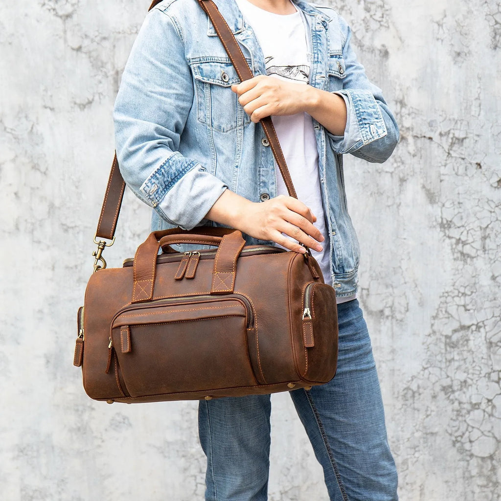 Leather men's hand luggage bag large capacity retro coffee colour with shoulder strap