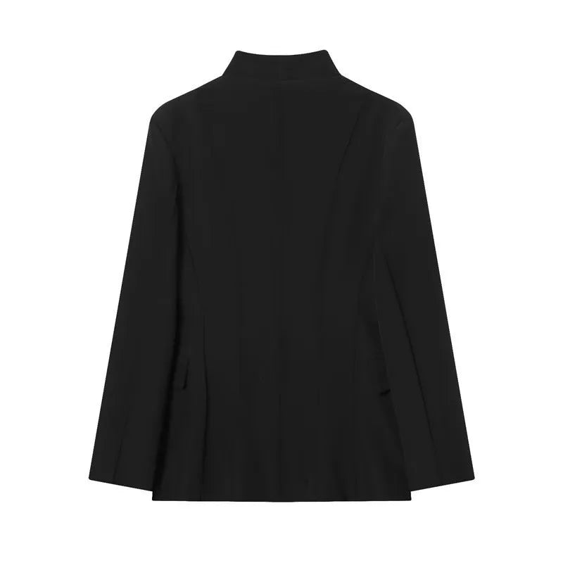 Women's black loose fit long sleeve suit jacket polyester blended fabric solid colour