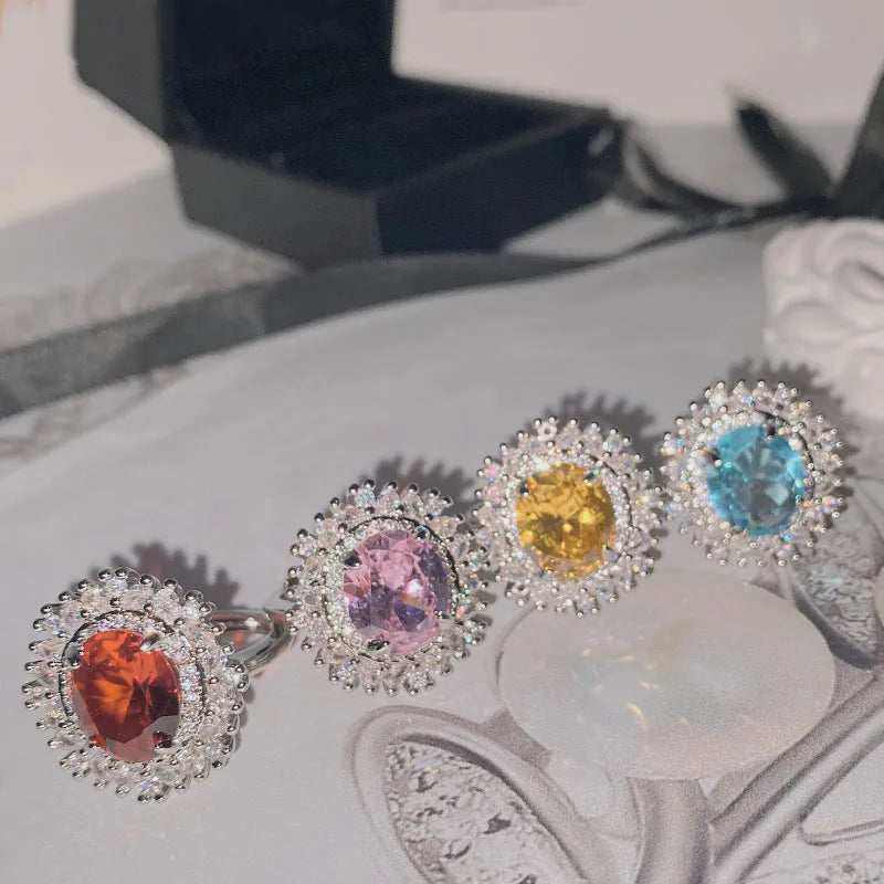 Micro-inlaid zirconium 18K plated women's flower ring in pink diamond colour on copper base