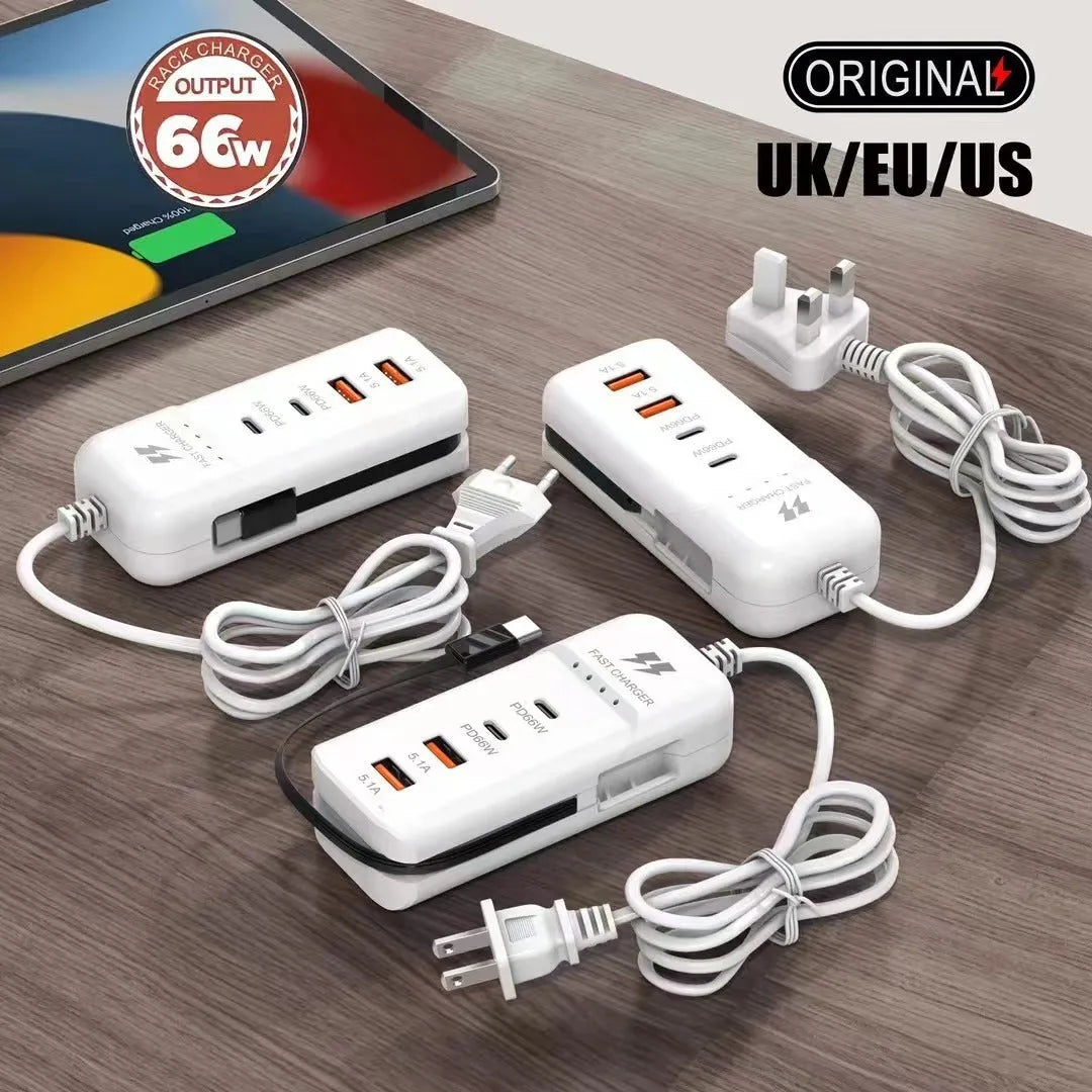 White multi-port power strip with USB interface, Type-C line, and PD charger version, available with EU or US power supply