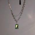 Green square brick stainless steel necklace with artificial crystal geometric pendant and adjustable chain
