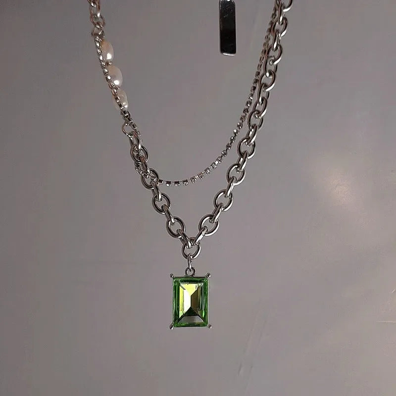 Green square brick stainless steel necklace with artificial crystal geometric pendant and adjustable chain