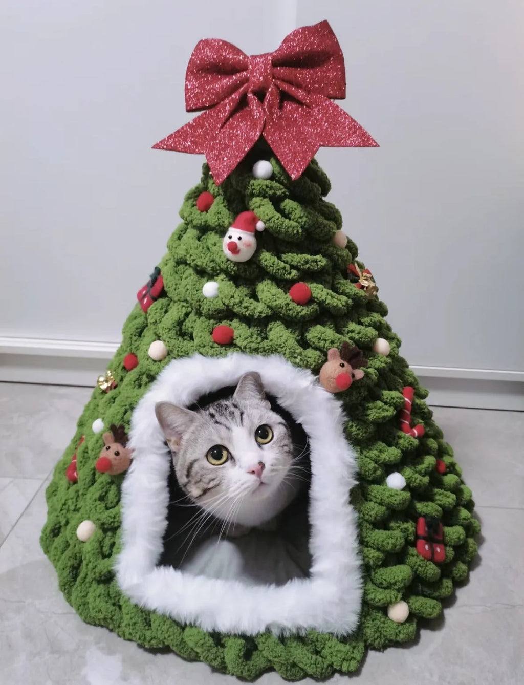 Grey cone-shaped felt cat house with enclosed tent design for indoor cats