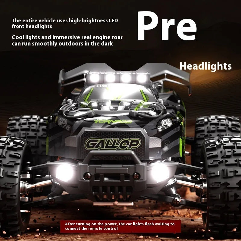 Brushless remote control car with four-wheel drive, metal drivetrain, available in green or red colour options