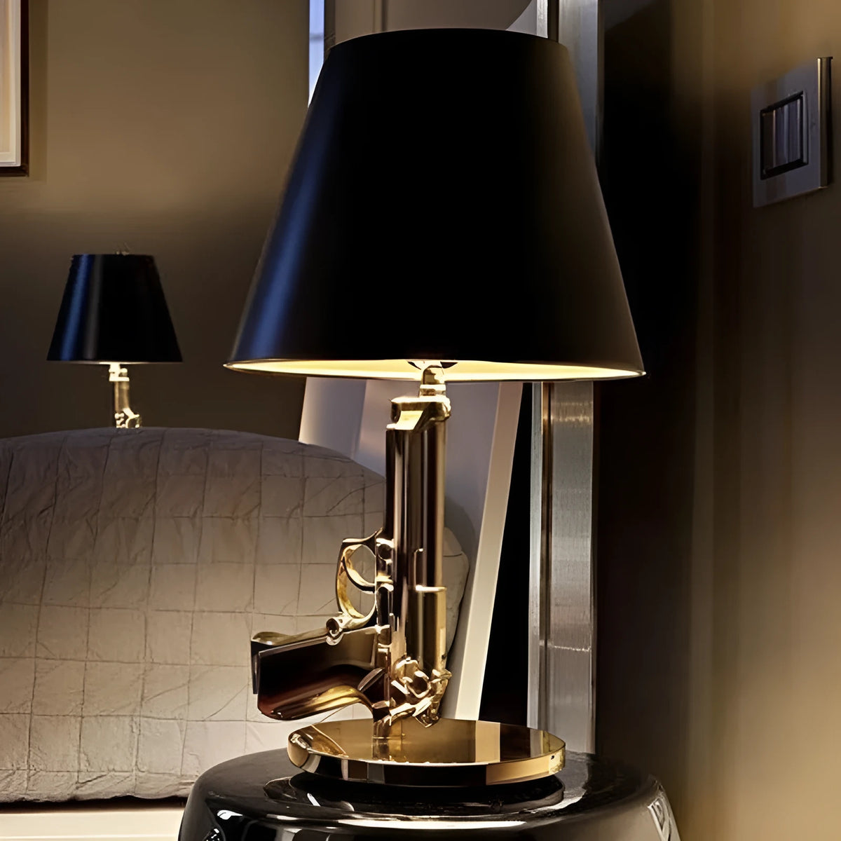 Nordic style creative desk lamp with plated gold resin base on a wooden desk