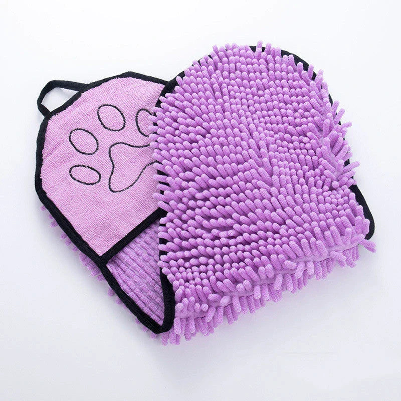 Ultra-absorbent microfiber pet towels in various colors, including blue, purple, grey, and rose red, with a unique double-pocket design for convenient drying and cleaning of dogs and cats