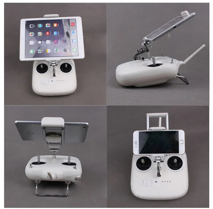 Silver metal universal phone holder with clip and lanyard for car model remote control accessories.