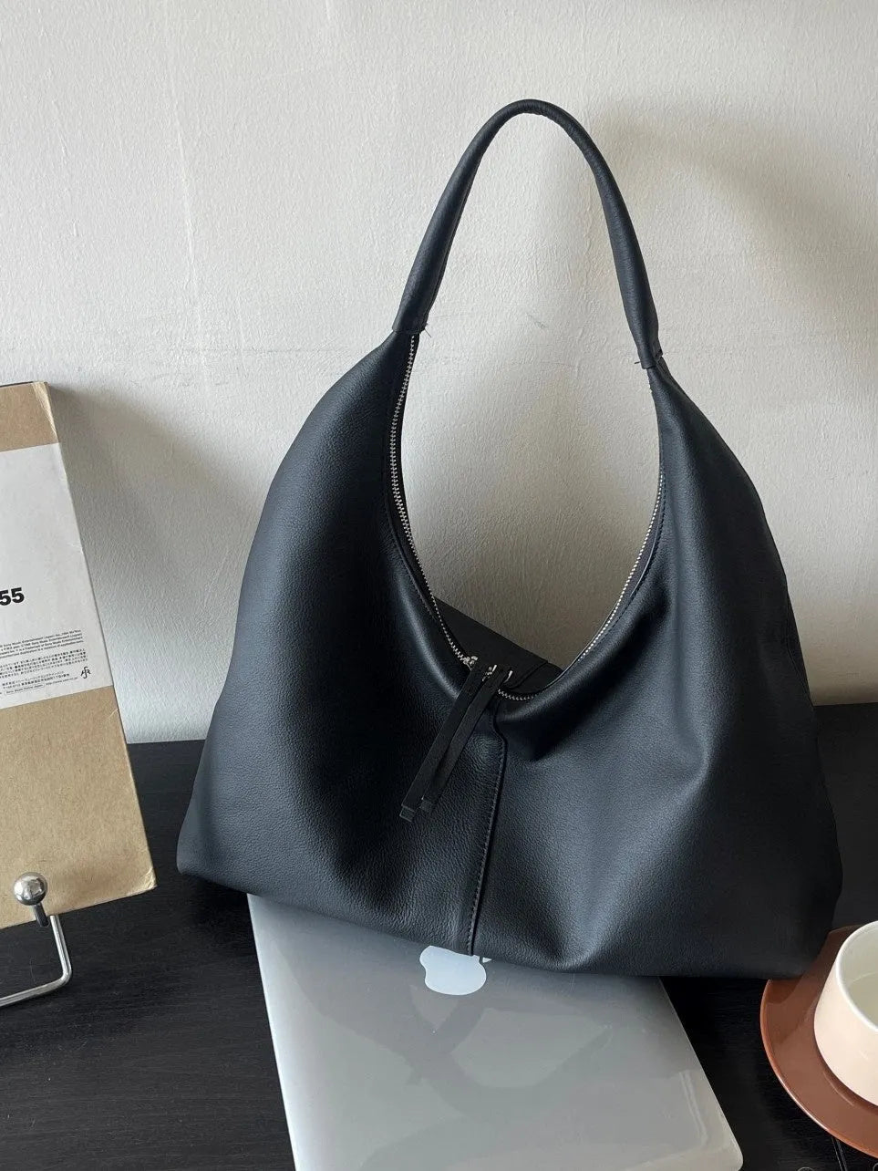 Genuine leather crescent shoulder underarm bag in ankarat red with sandwich pocket and single strap